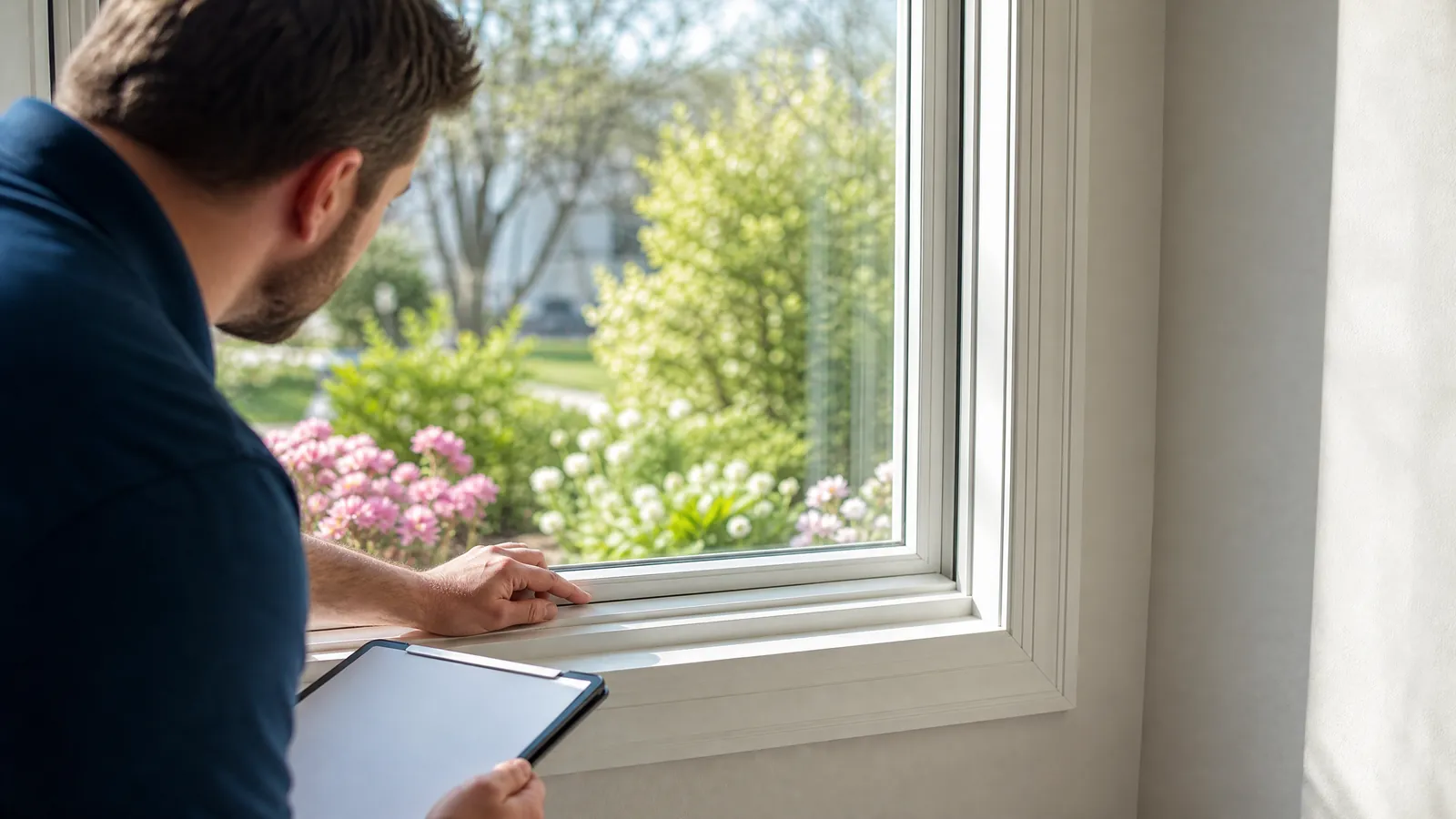 Homeowner holding a clipboard while inspecting the bottom corner seal of a large window during a bright spring morning
