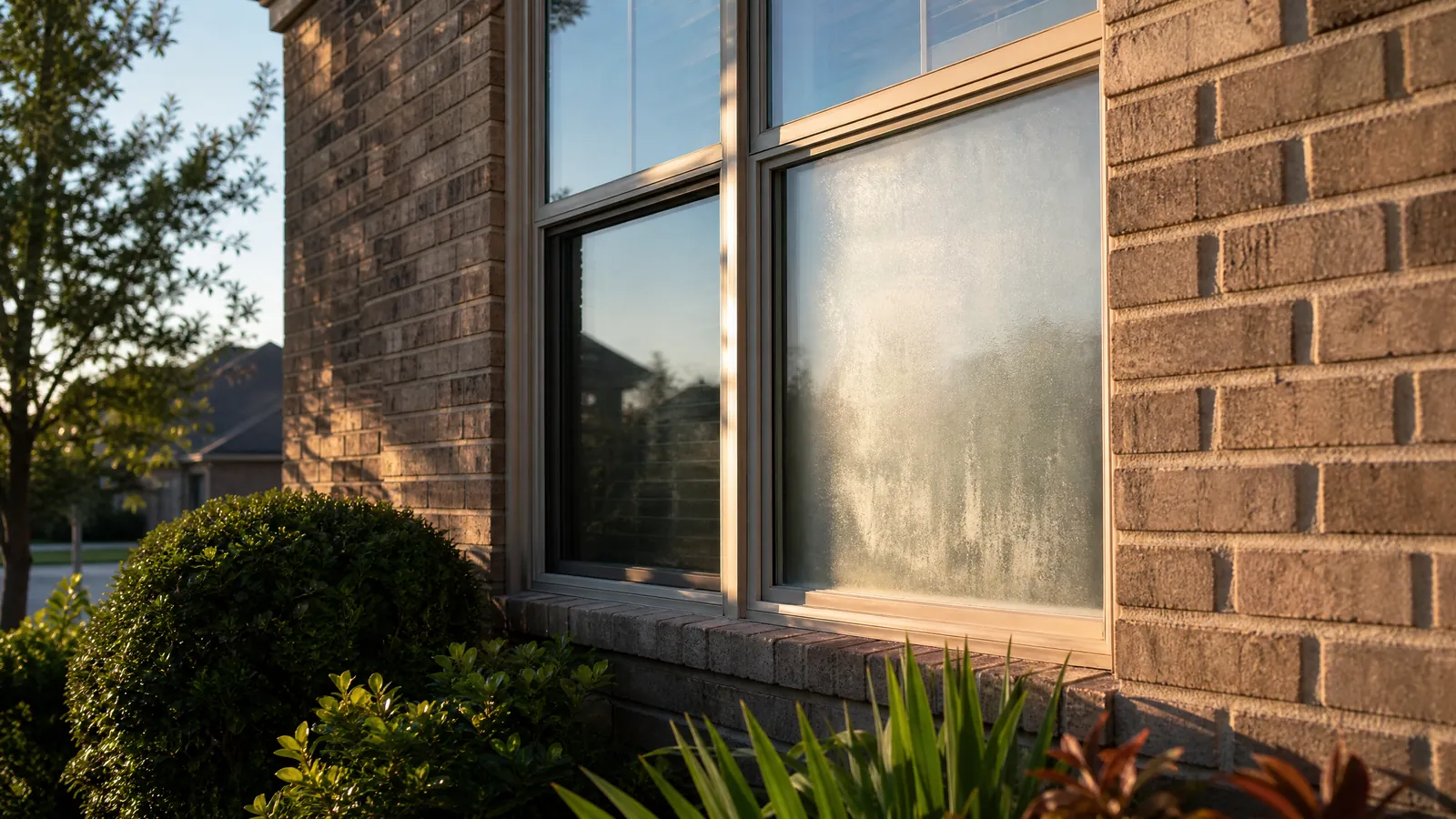 Exterior view of a suburban brick home showing a foggy window with visible condensation indicating seal failure