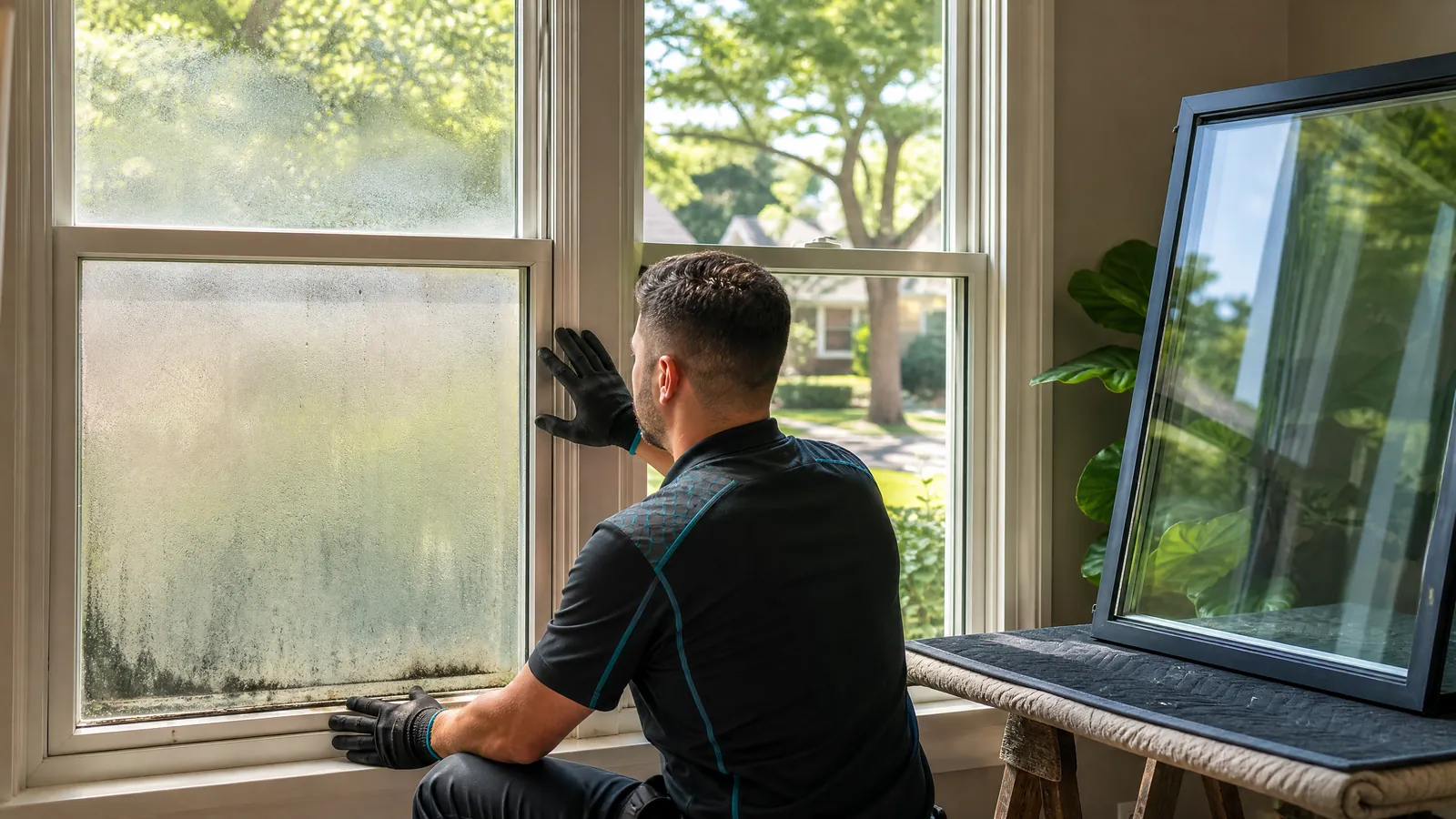Professional inspecting a foggy residential window next to a clear replacement glass unit during a bright Texas summer day