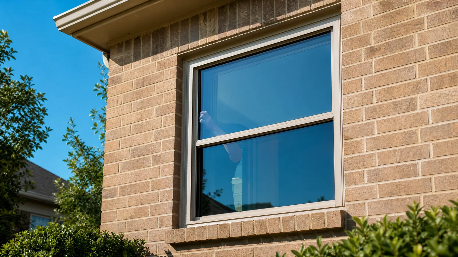 Exterior view of a Flower Mound brick home showing new energy-efficient windows being installed