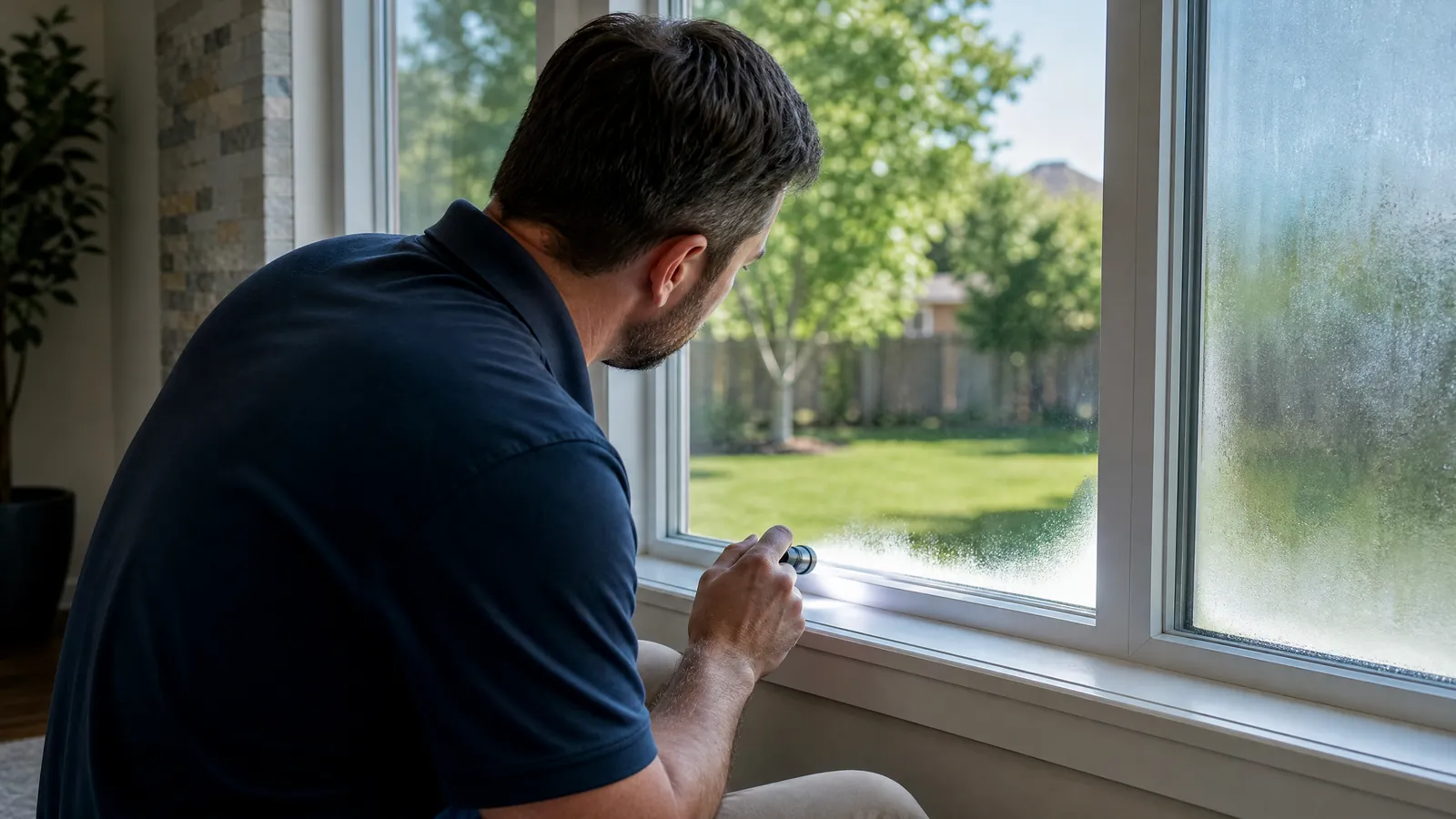 Home inspector examining a foggy double-pane window with a flashlight during a residential inspection