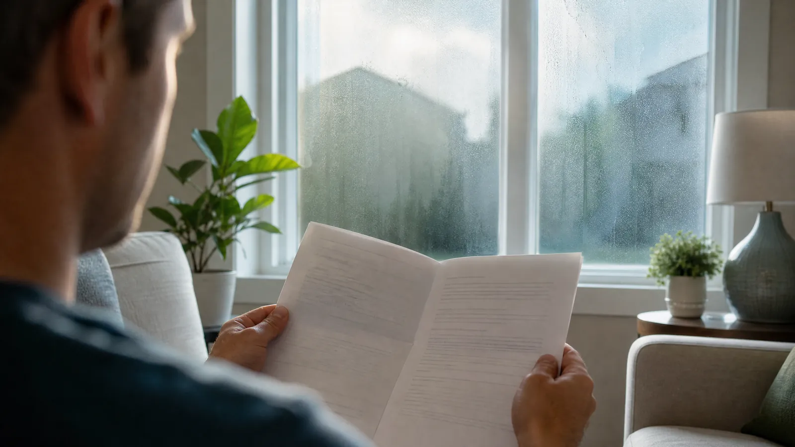 A Texas homeowner reviewing an insurance policy document near a foggy double-pane window