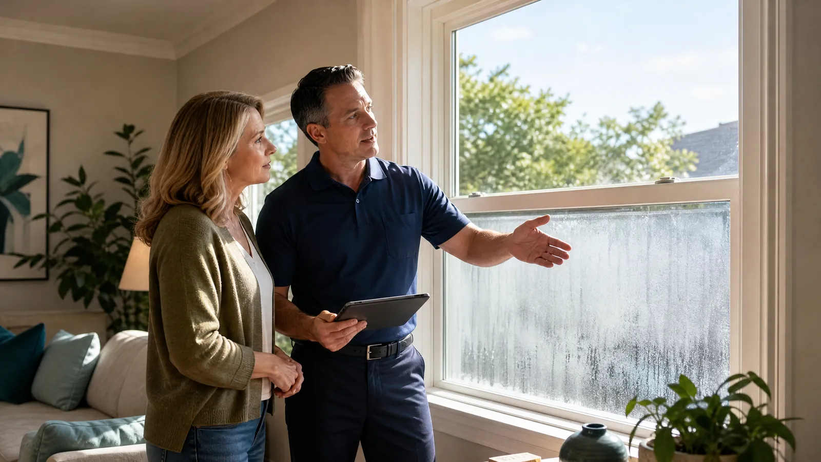 Window technician and homeowner evaluating a foggy double-pane window during a repair versus replacement cost consultation