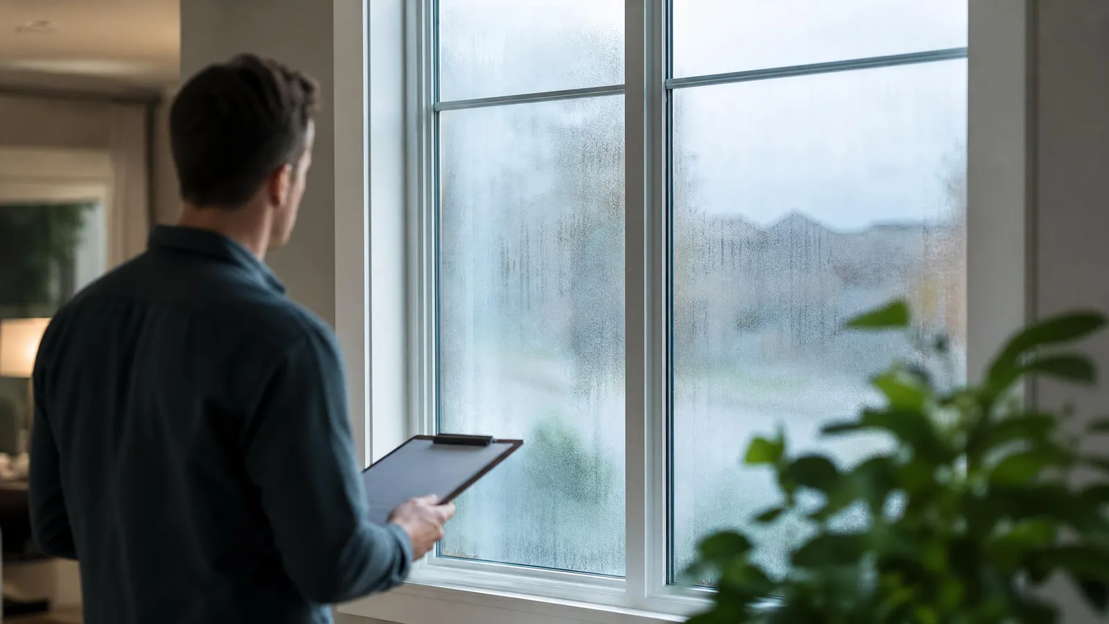 Foggy window with failed seal during a real estate home appraisal showing its negative impact on home value