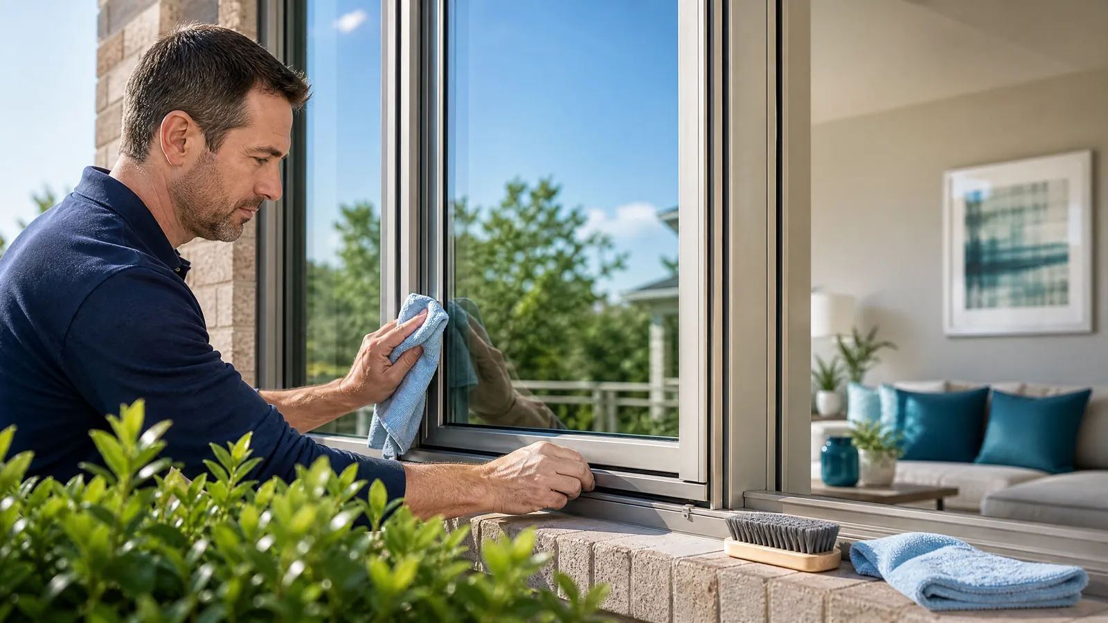 Homeowner inspecting and cleaning a double-pane window frame to protect against seal failure in the hot Texas climate