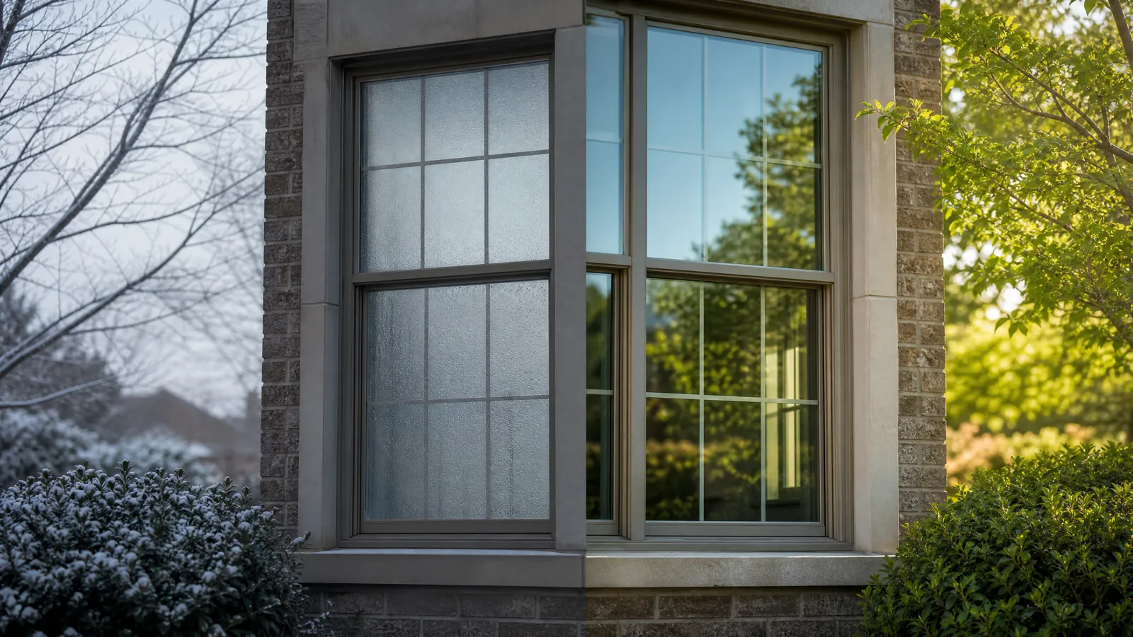 A split view of a foggy window in winter and a clear window in spring