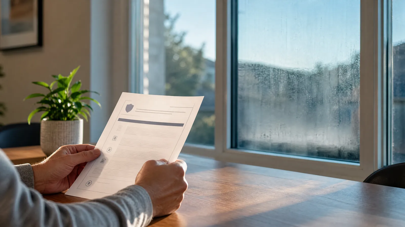 Homeowner reviewing a warranty document on a table with a foggy double-pane window in the background