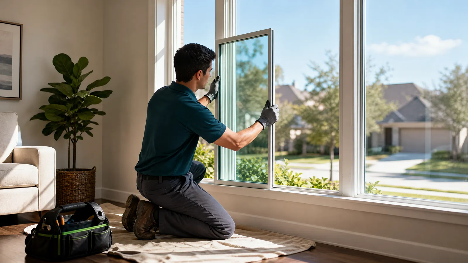 Professional installing new glass into an existing residential window frame with drop cloth and tools