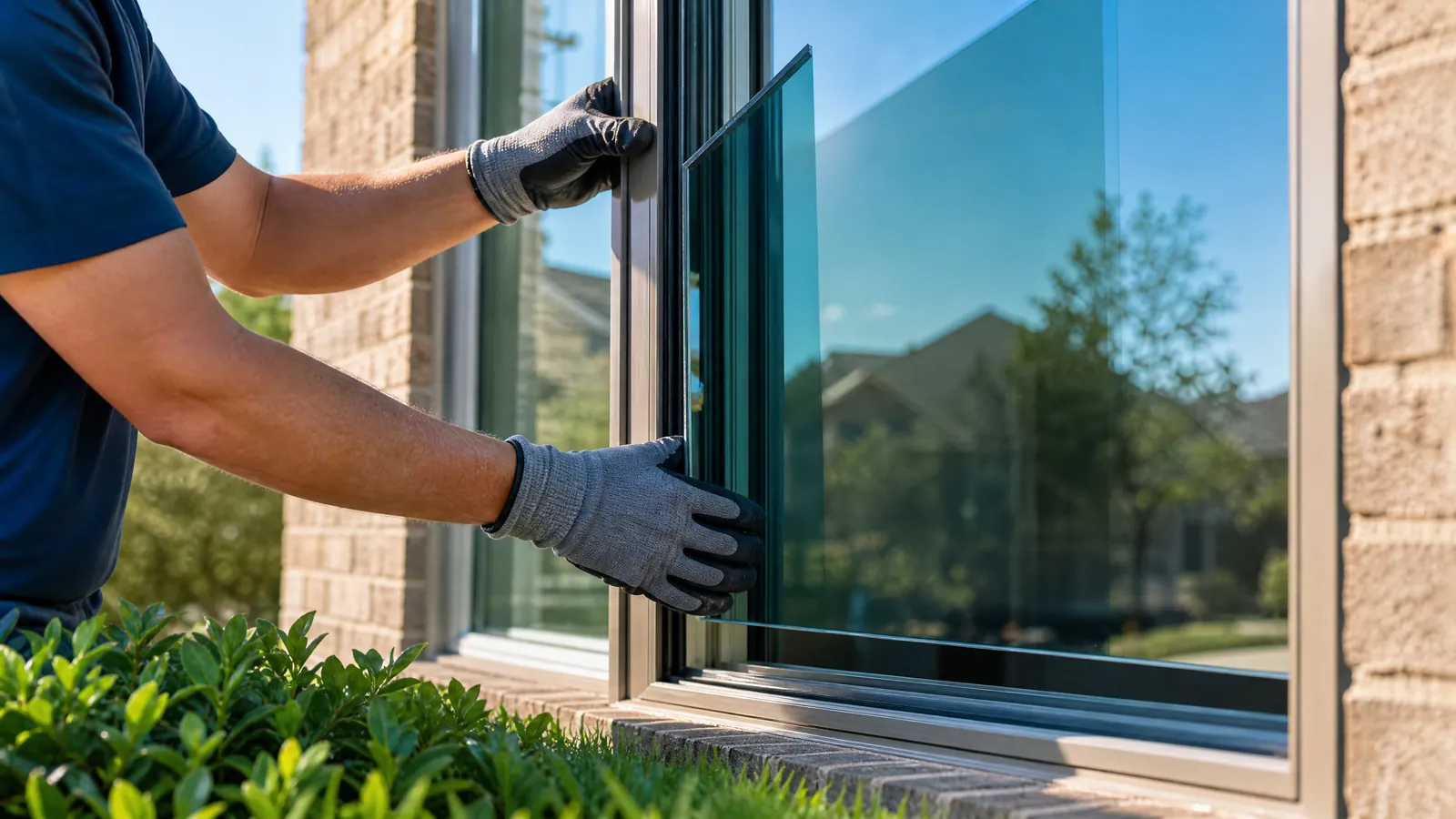 Apex technician replacing window glass quickly in a Frisco home with cyan and green accents