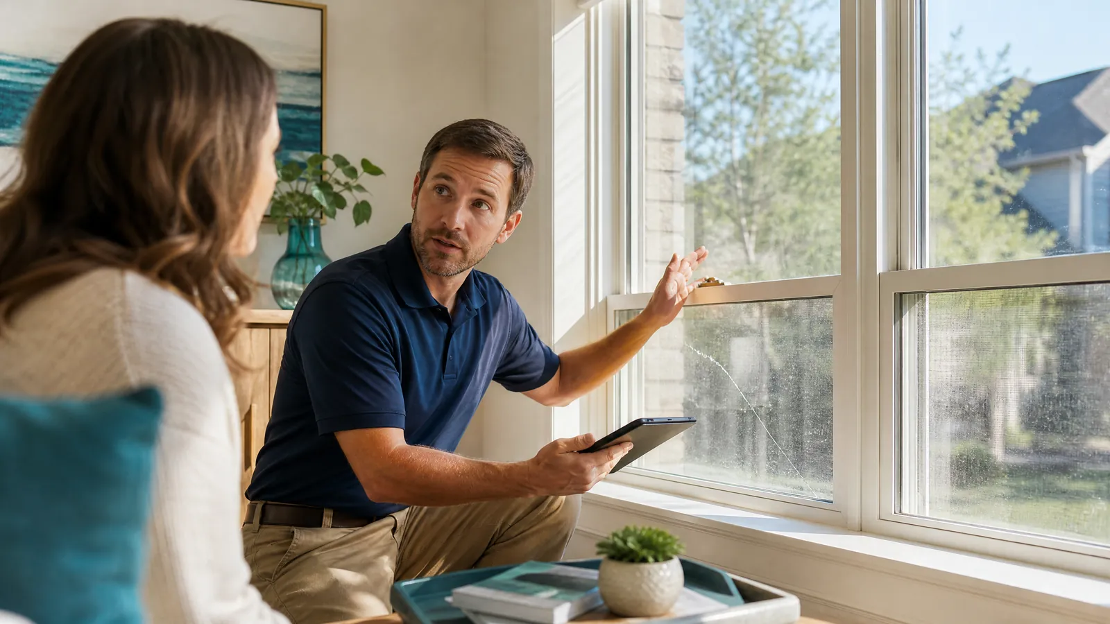 Professional technician evaluating a residential window for repair costs with a homeowner in McKinney Texas