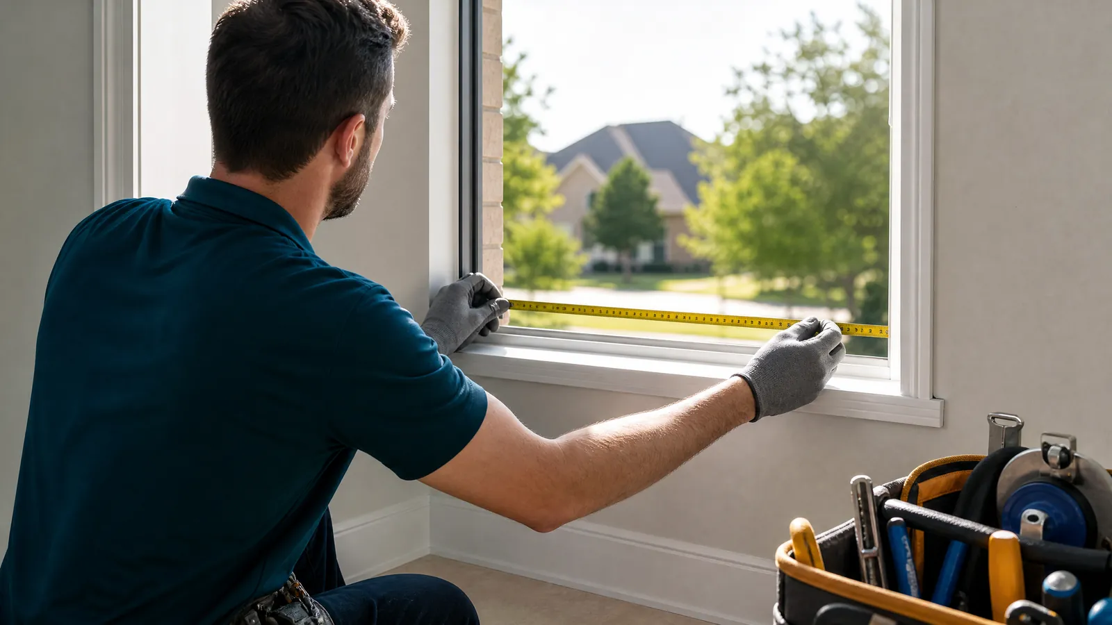 A technician measures a modern window frame for glass replacement in a bright Frisco home