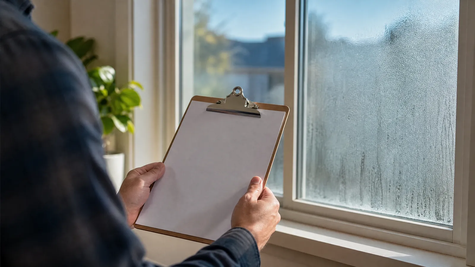Homeowner reviewing a detailed glass replacement quote next to a foggy double-pane window