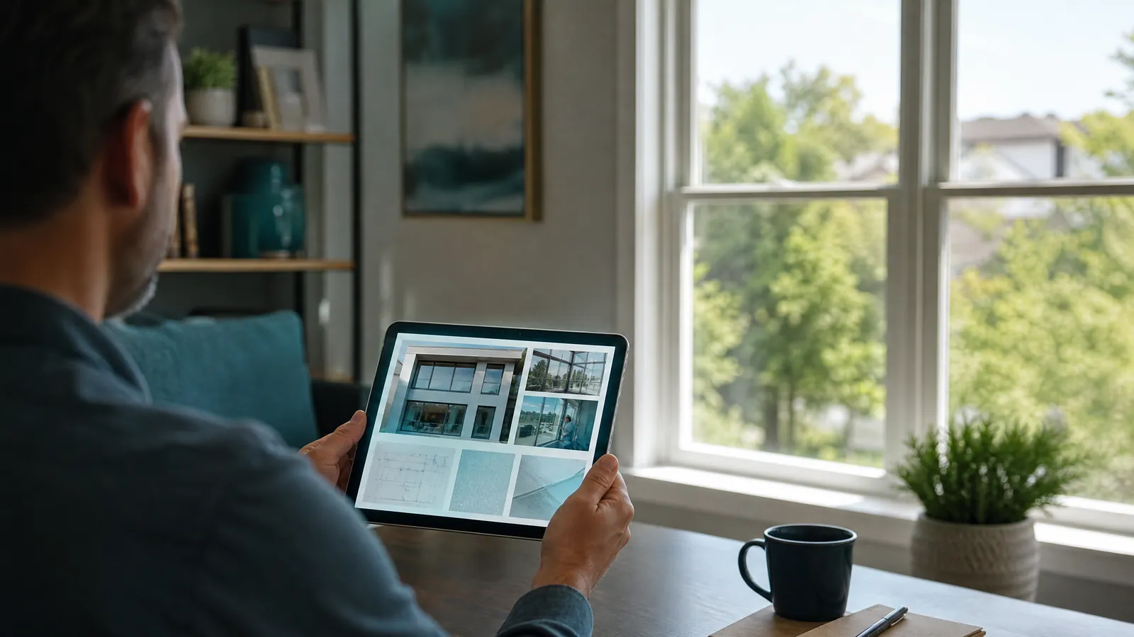 homeowner checking contractor credentials on tablet near a residential window