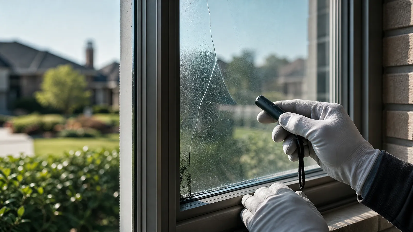 Professional examining different types of glass damage on a Dallas residential window