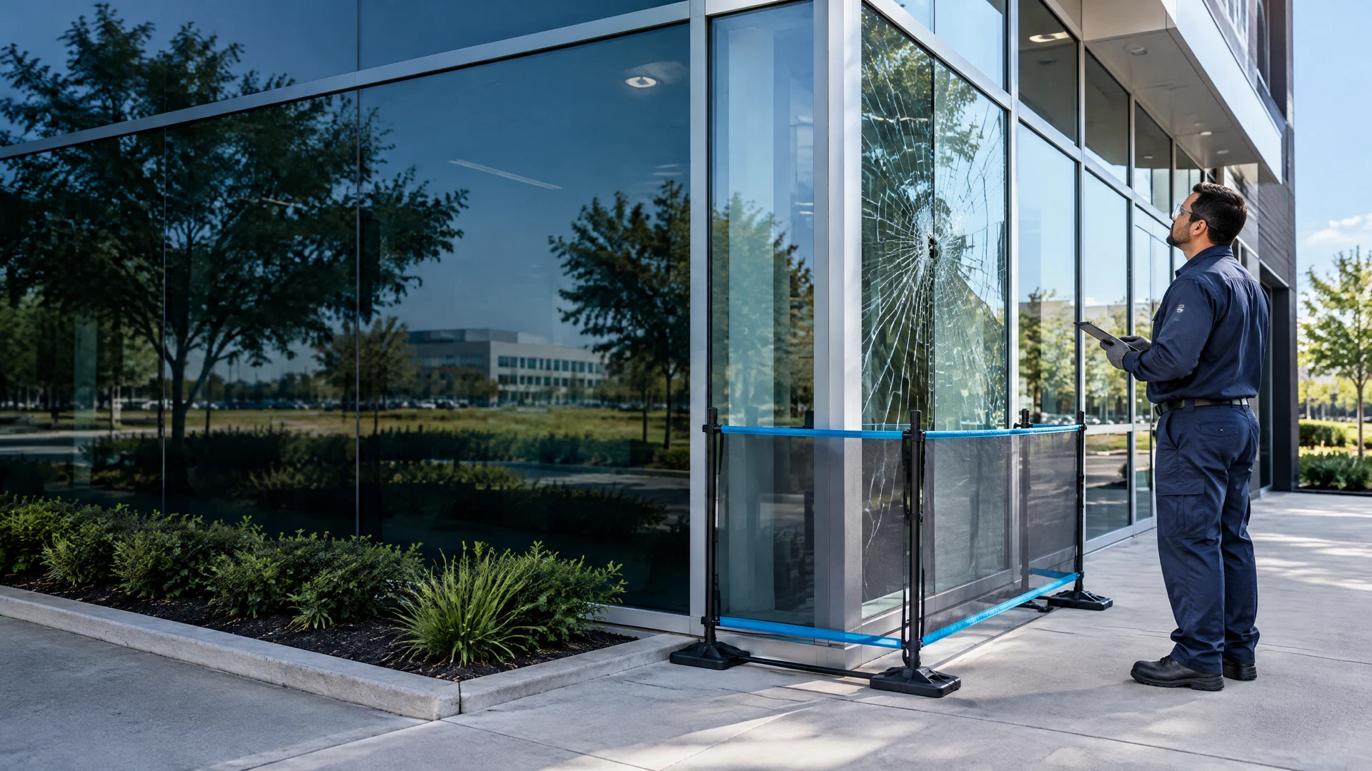 Commercial glazier assessing a cracked storefront glass panel at a modern Dallas-Fort Worth business property
