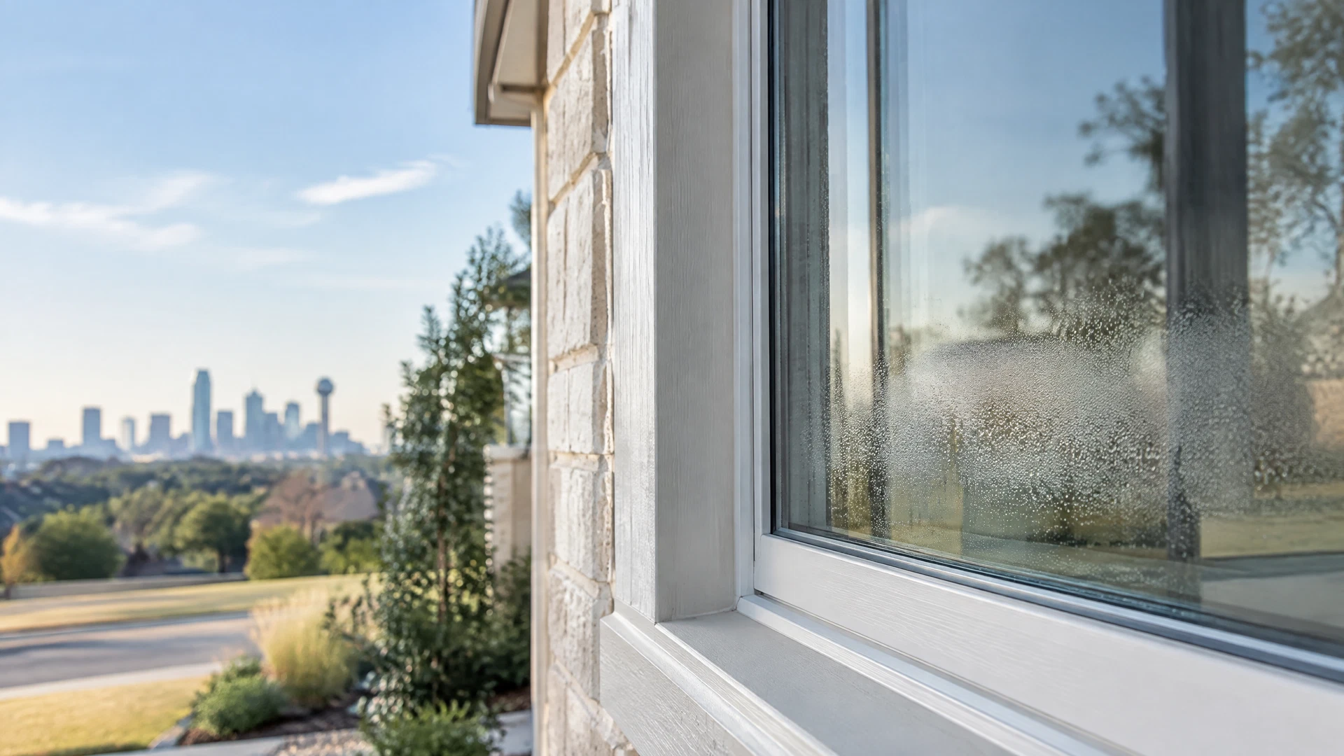 Dallas double-pane window with faint moisture between the panes and intact exterior frame