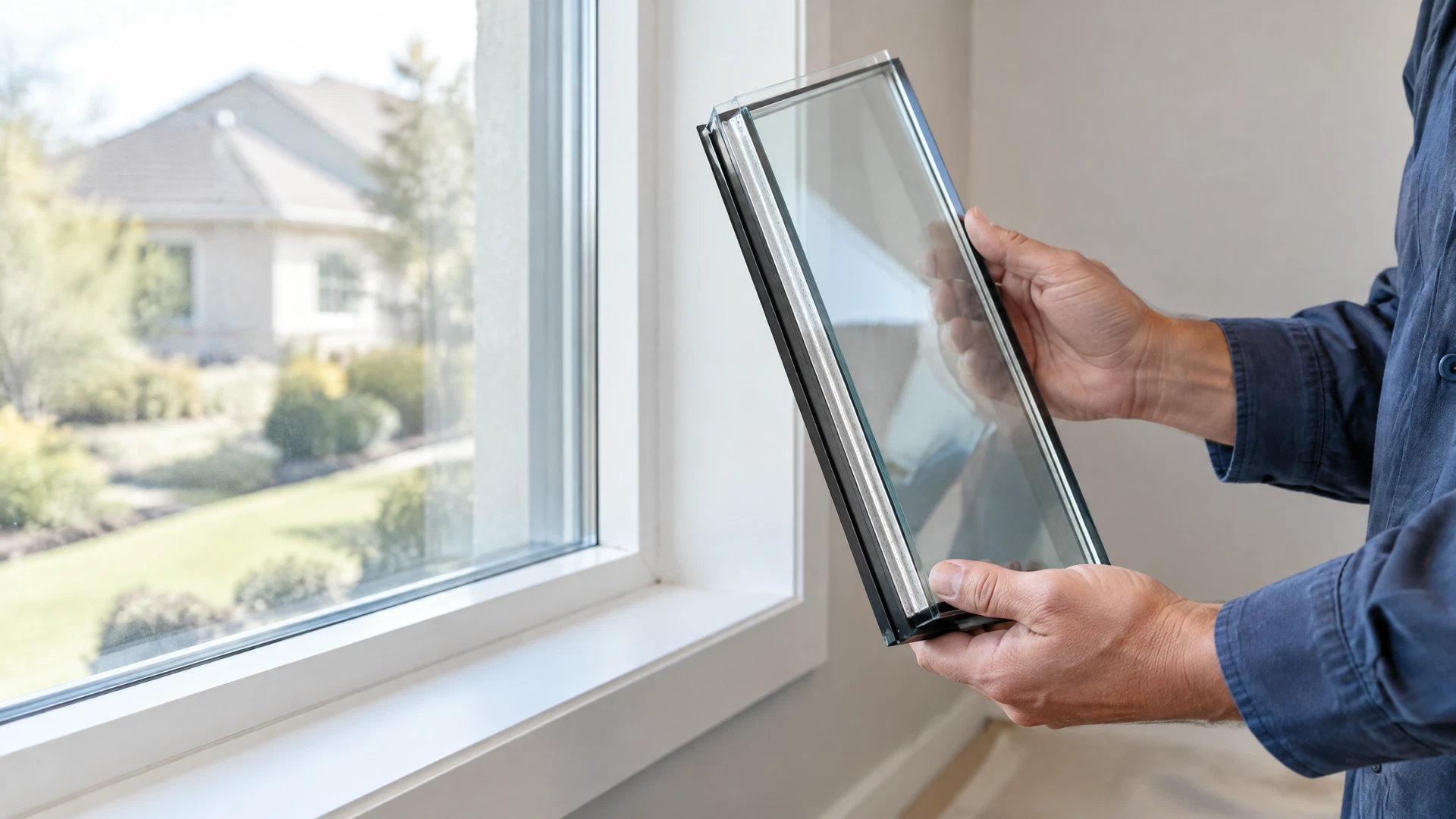 New insulated replacement glass unit held beside a Plano home window
