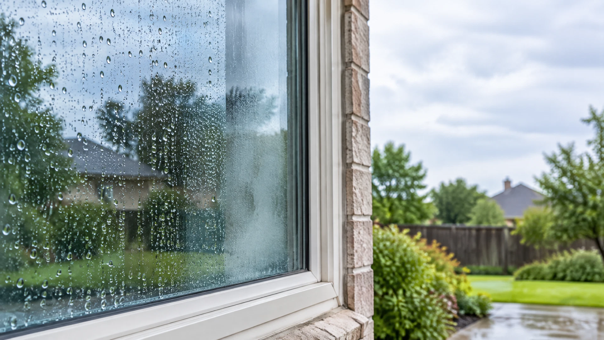 Richardson double-pane window after rain with exterior droplets and interior haze